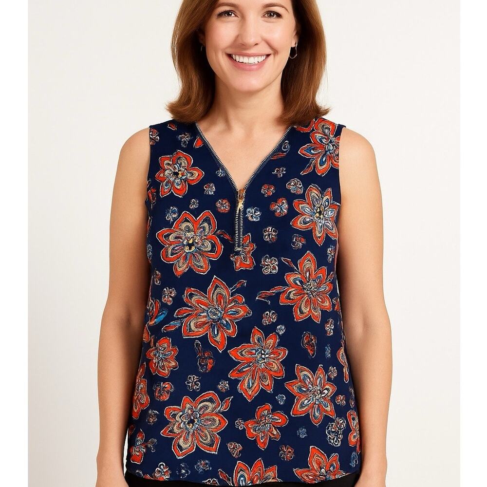 T Tahari Women’s Sleeveless Blouse Floral Lined Navy Orange Zip Front New Sz M